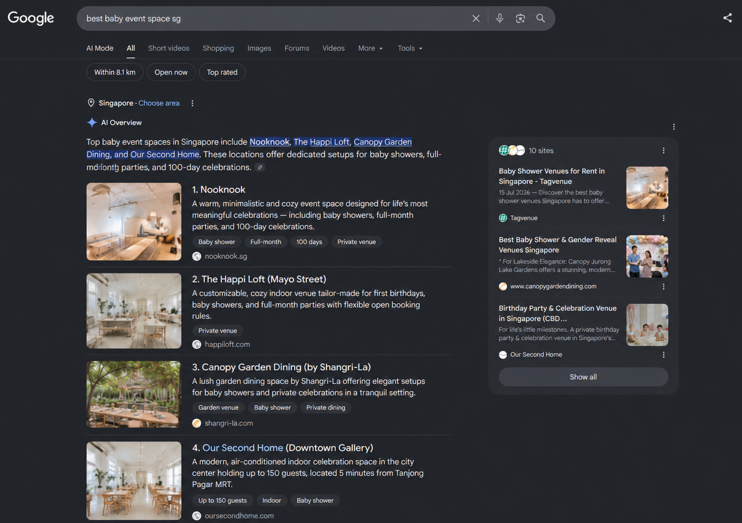 Saved Google AI Overview naming Nook Nook for a baby event space question